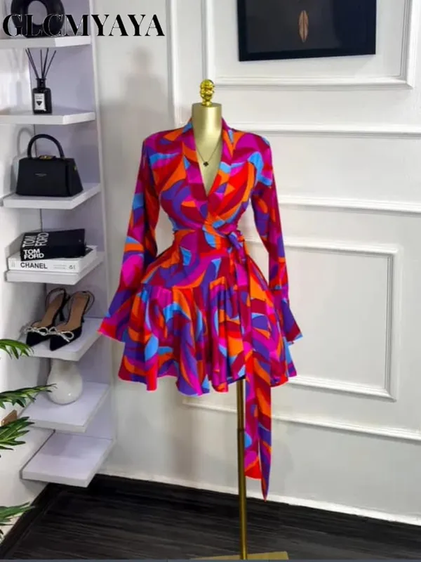 Feminino tie dye print alargamento manga longa envoltório com decote em v com faixas plissado vestido 2026 elegante férias festa de aniversário vestidos