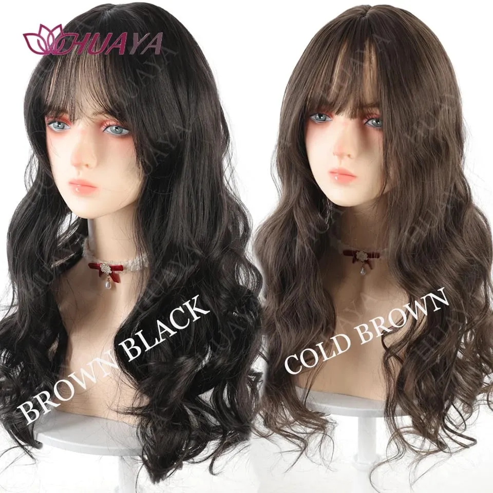 Synthetic 3 Clips In Topper Long Wavy Hairpiece Black Brown Women Fake Hair Clip In Hair Extensions With Bangs Fake Hairpiere — image 6
