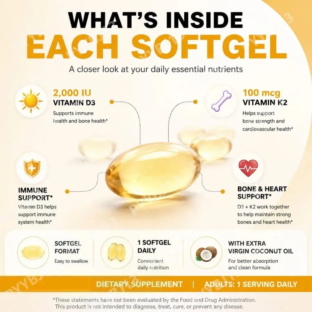 Vitamin D3+K2 Capsules 2000 IU + 100 Mcg - Bone Health & Immune Support Calcium Absorption Daily Wellness Formula 90ct — image 6