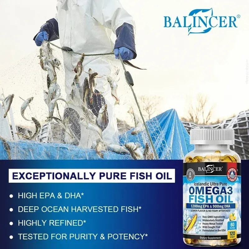 Fiskeolie Omega 3 Indeholder EPA 1200mg & DHA 900mg - til led Øjne Kognitivt tilskud Ikke-GMO glutenfri — image 3