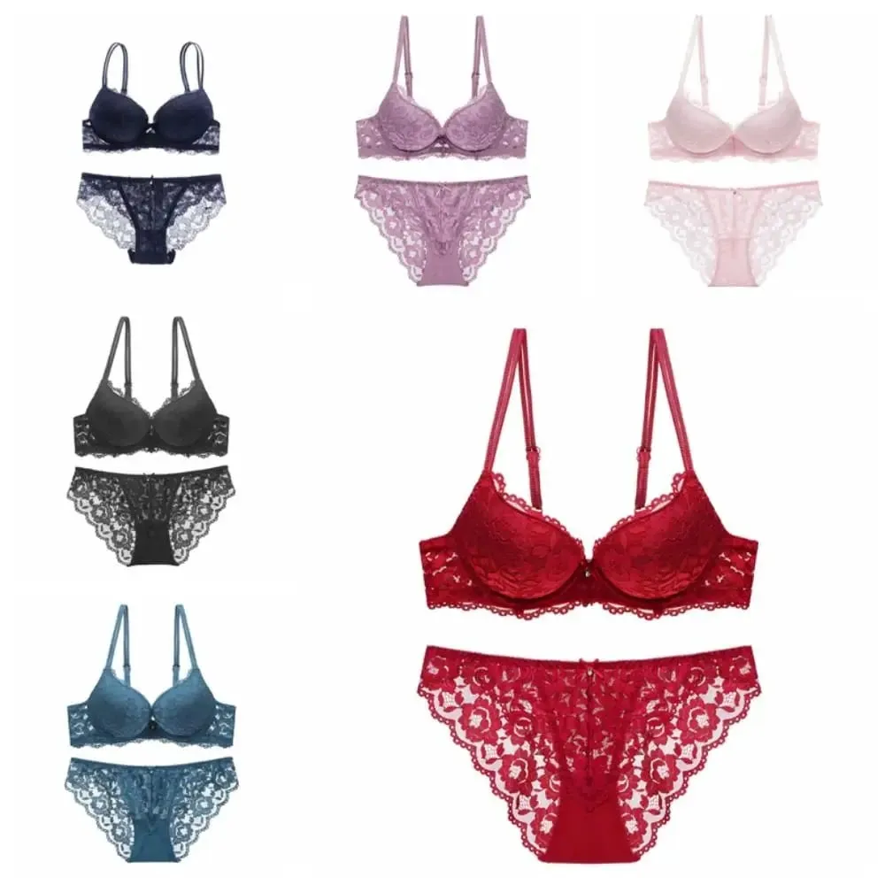 Fashion Mesh Lace Flower Bra Low Waist Bowknot Push Up Bra Women Lingerie Non Slip Bra Panties Set Girl — image 6