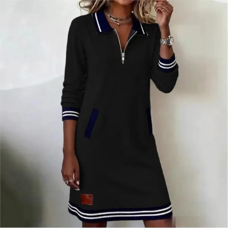 Autumn Winter Fashionable Versatile Women's Dress Casual Contrasting Color Splicing Lapel Long-sleeved Loose Dress With Pockets — image 4