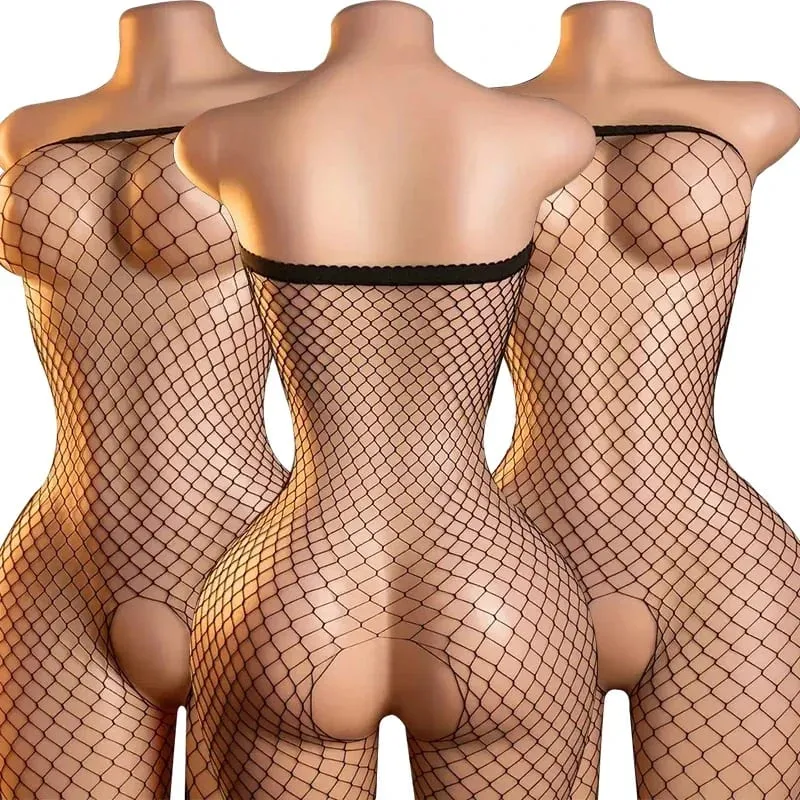 Black Fishnet Off-Shoulder Open-Crotch Bodystocking Lingerie Set Sexy Crotchless Teddy Bra Women's Erotic Underwear — image 2