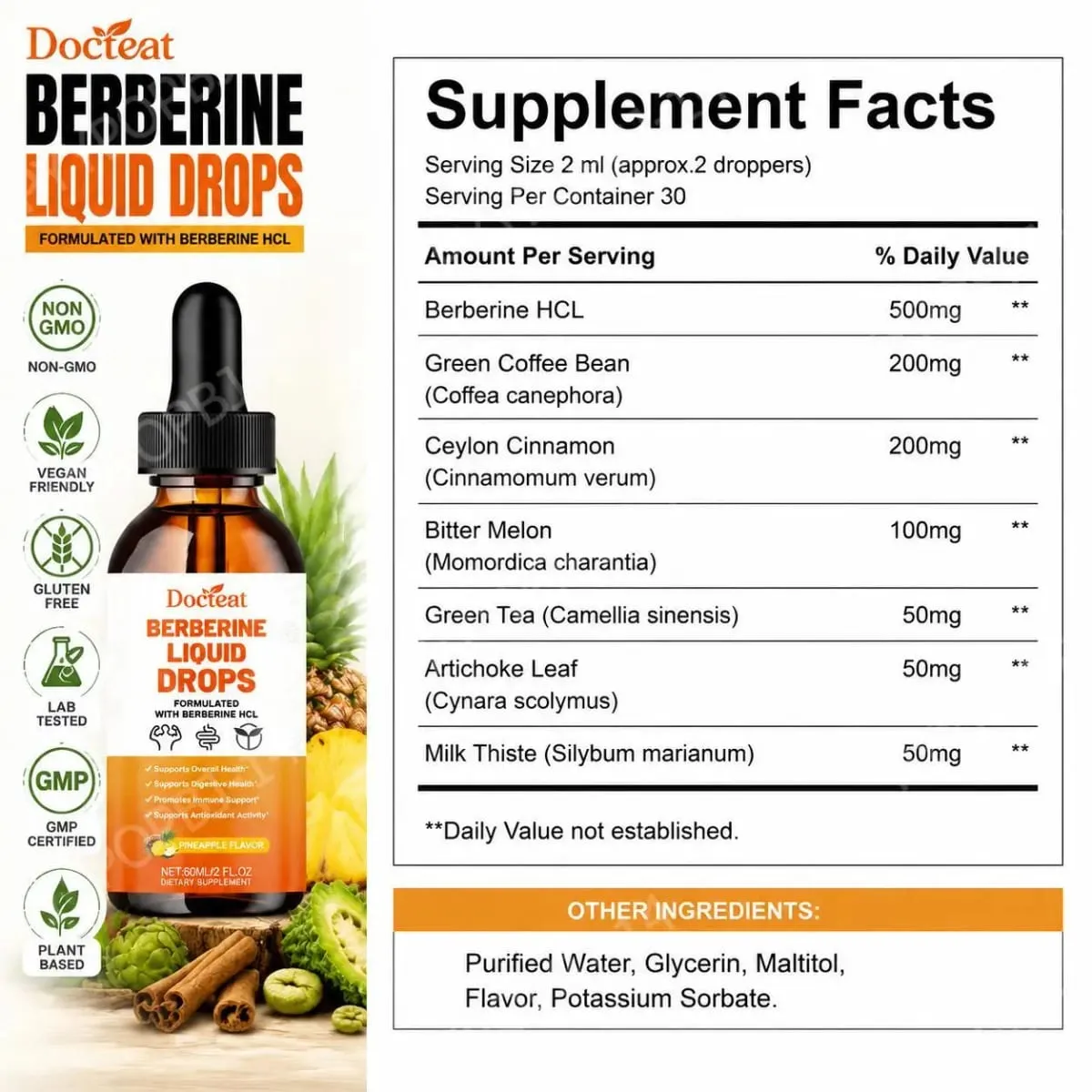 Docteat Berberine HCl flytande droppar stöder matsmältningshälsa med ceylonkanel och grön kaffeböna ananassmak 60 ml
