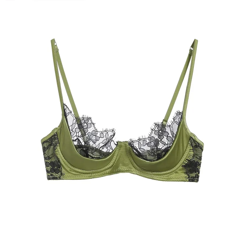 Conjunto de lencería de media copa de encaje francés para mujer, sujetador con aros, suave, transparente, ultrafino, verde, para busto pequeño 32-38AB — image 10