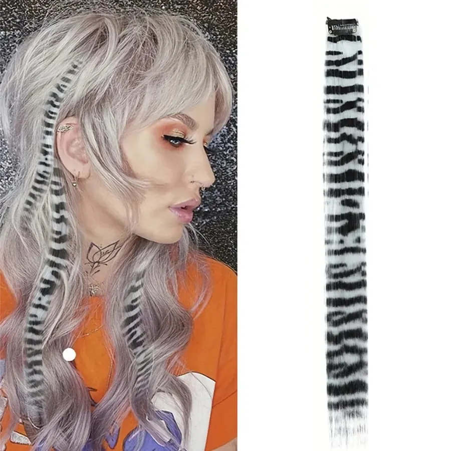 Stripe Printed Clip in Hair Extensions Colorful Synthetic Hair Highlights 18 Inches Straight Wig Hairpieces for Daily Use Party