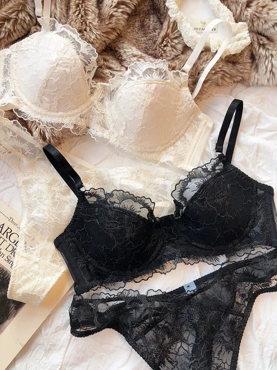 Sexy Women Underwear Set Lace Flowers Embroidery Push Up Bra Set French Thin Cup Comfort Breathable Lingerie Ladies Intimates