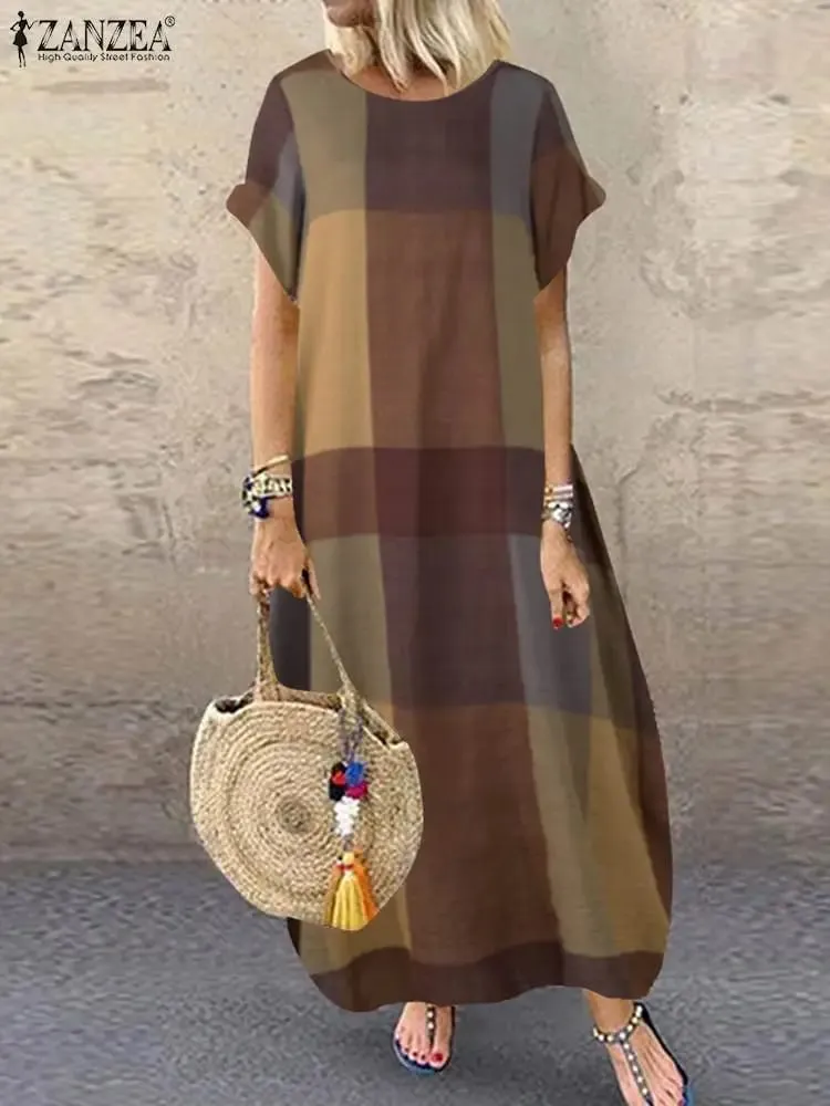 Boêmio xadrez verificado vestido de verão manga curta vestido longo moda férias festa femme casual solto robe 2025 — image 4