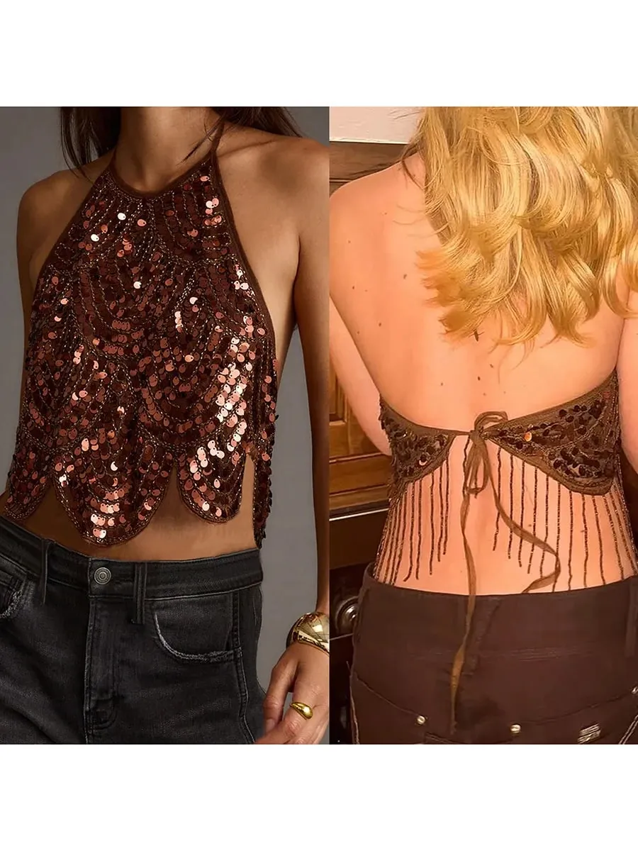 Sexy Womens Halter Sequin Tank Top Backless Tie Up Sexy Sparkly Crop Top Sleeveless Glitter Party Tops Clubwear — image 9