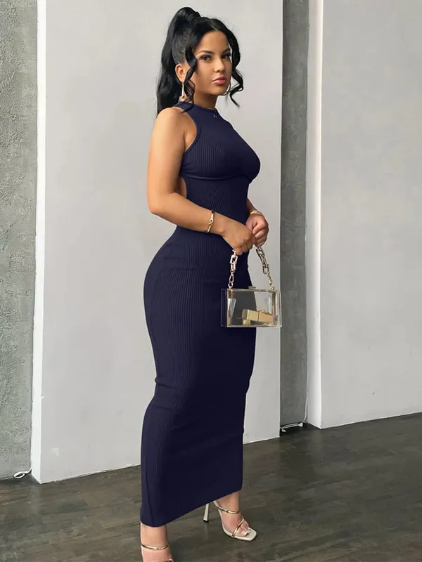 Hugcitar Ribbed Solid Hollow Out Backless Sleeveless Sexy Slit Mini Dress Bodycon 2025 Spring Women Outfits Elegant Party Y2K — image 11