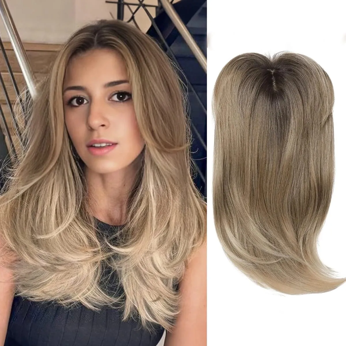 18in Clip in Synthetic Hair Topper with Bangs for Women lightly Curled Ends Wiglets Synthetic Fiber Pieces for Women