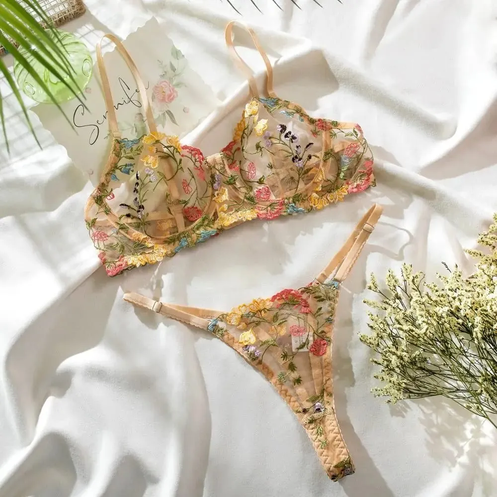 2-Piece Versatile Floral Lingerie Set Embroidery Sheer Boho Bra Panty Set Intimates — image 1