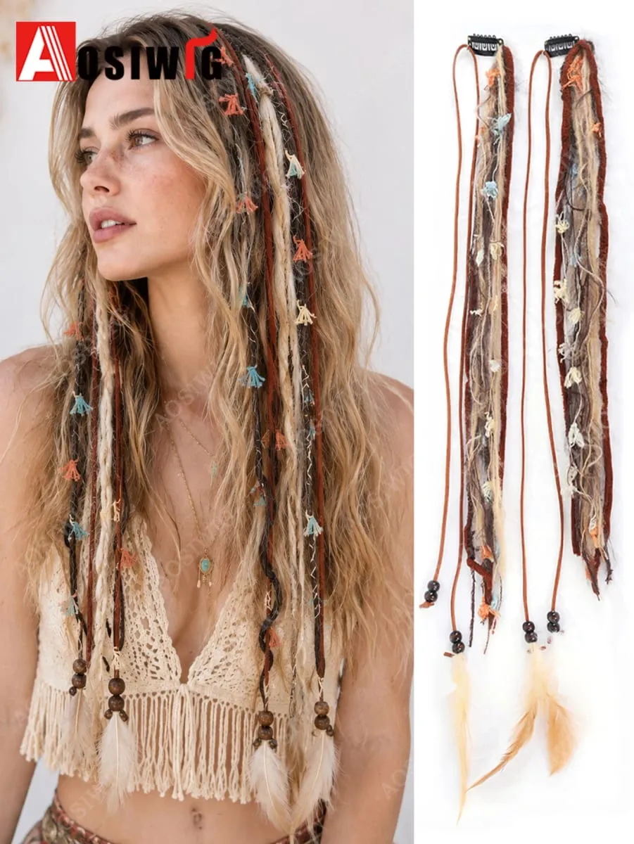 Synthetic Boho Braided Hair Extensions for Women Clip In Festival Hairpiece with Beads Feathers Hippie Hair Accessories