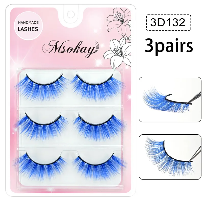 3 Pairs Rainbow Colored Eyelashes Brown Cosplay False Eyelashes Blonde Makeup Eye Lashes Colorful Blue Halloween Vegan Cilias — image 3