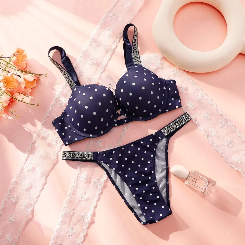 Victoria secret muito sexy brilho script bolinhas push up sutiã brilho script tanga conjunto de calcinha feminina lingerie sexy quente — image 5