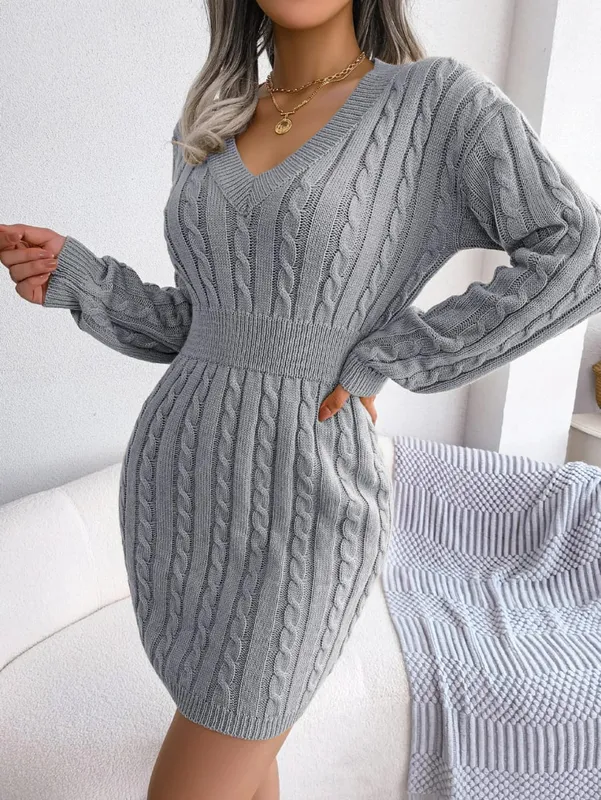 VigoCasey 2026 V Neck Casual Short Knit Dress Autumn Winter Women Solid Long Sleeve Dress Lady Khaki Bodycon Knitted Dresses — image 12