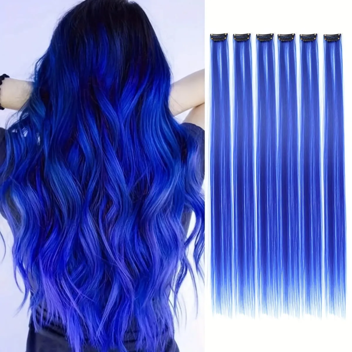 Blue Hair Extensions Clip in 6 Pcs Colored Highlights Hair Extensions Synthetic 24 inch Rainbow Hairpieces Dress Party Birthday — image 2