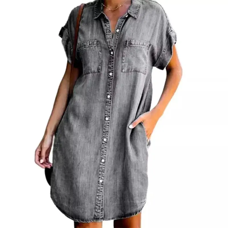 Verão novo único breasted denim camisa vestido feminino casual bolso solto simples retro commuter feminino escritório denim saia curta — image 3