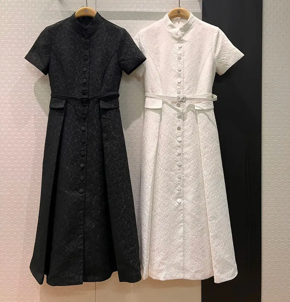 3D flowers embossed pattern 2026 spring women single breasted long dresses belt pockets dress black white — image 1