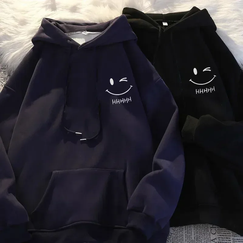Rosto sorridente masculino engraçado moda casal suéter com capuz americano pesado solto engrossado cashmere meninos moletom com capuz topo — image 3