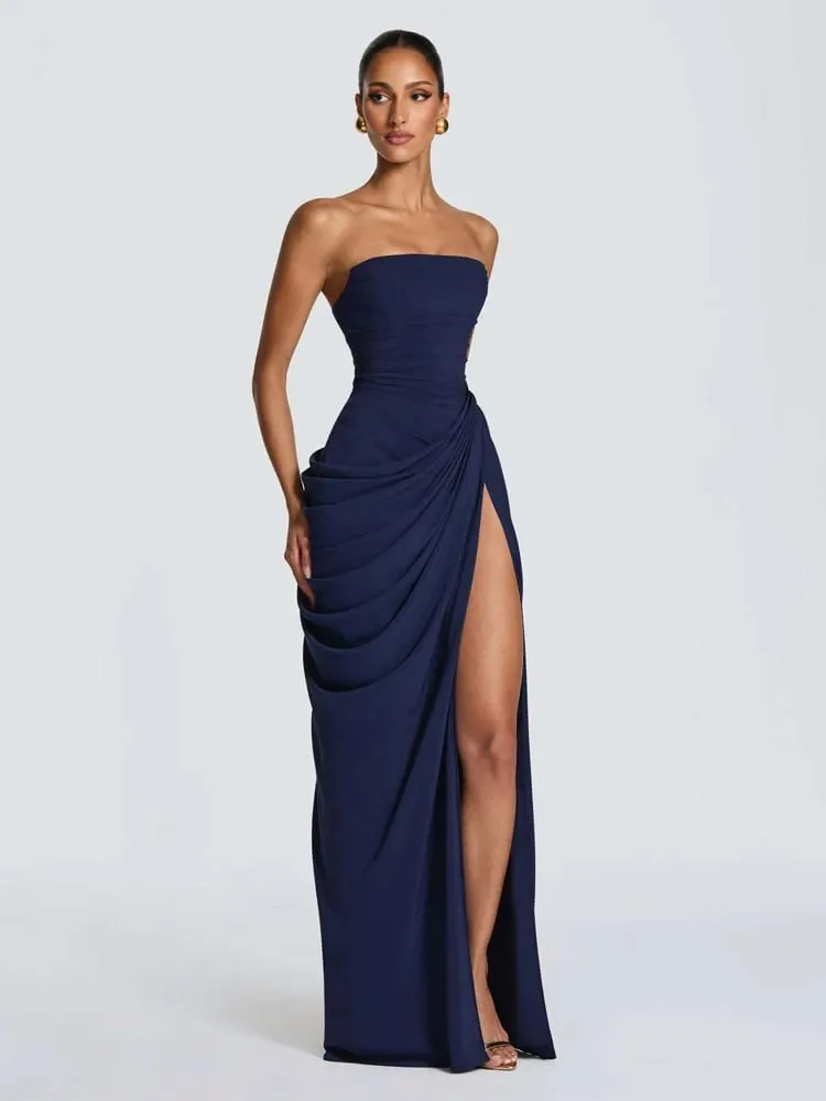 Elegant Yellow Strapless Pleated Dress Women Chic Sleeveless Waist Cinching Split Maxi Gowns 2026 Summer Lady Evening Party Robe — image 4