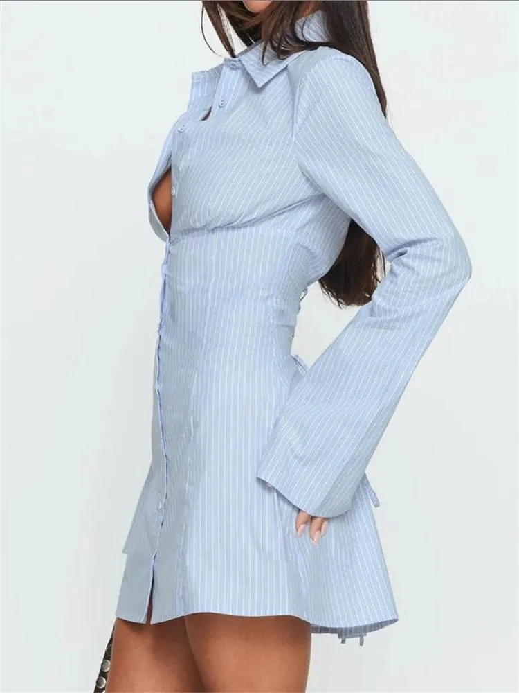 Verão feminino y2k camisa vestido emagrecimento cintura saia curta mini vestido cintura alta estilo glamour manga cheia gola regular — image 4