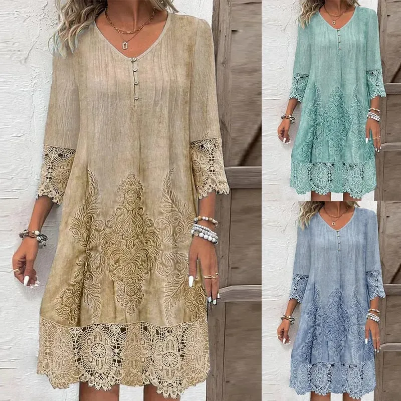 Moda vestidos de verão 2024 verão novo padrão 3d renda emenda oco para fora midi vestido casual vestidos de manga curta senhora — image 4