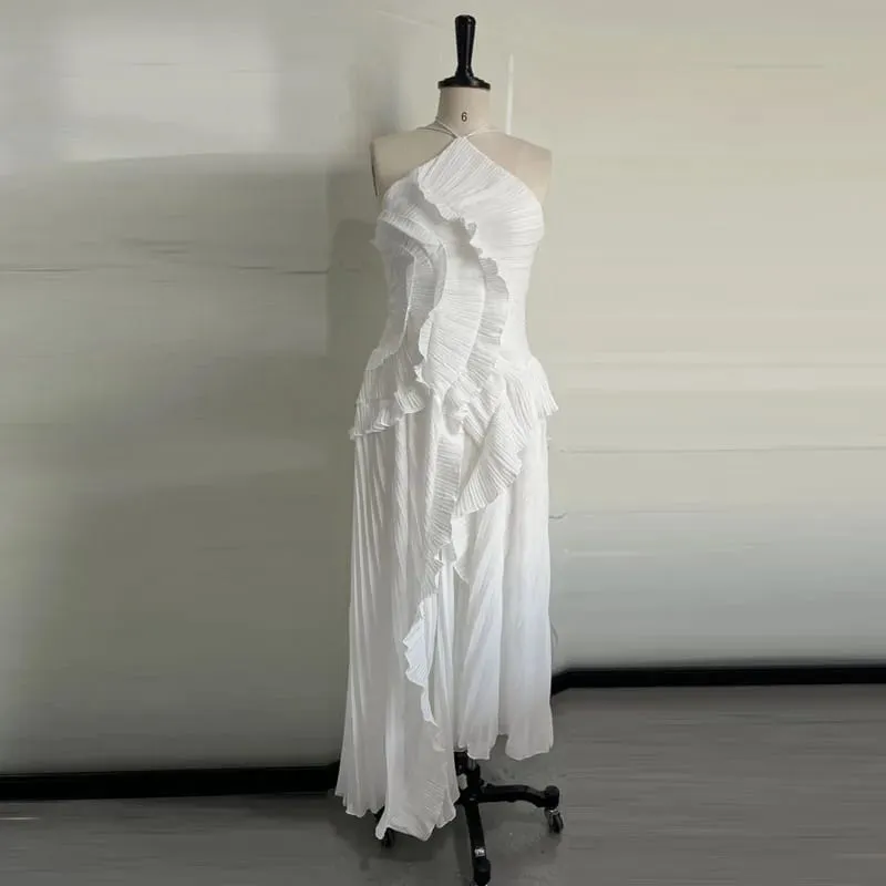 Elegant Neck Strap Ruffles Evening Gown Solid Folds A Line Lace Up Backless Sexy Party Dress 2025 Bagong Party Bakasyon Y2k Robe — image 6