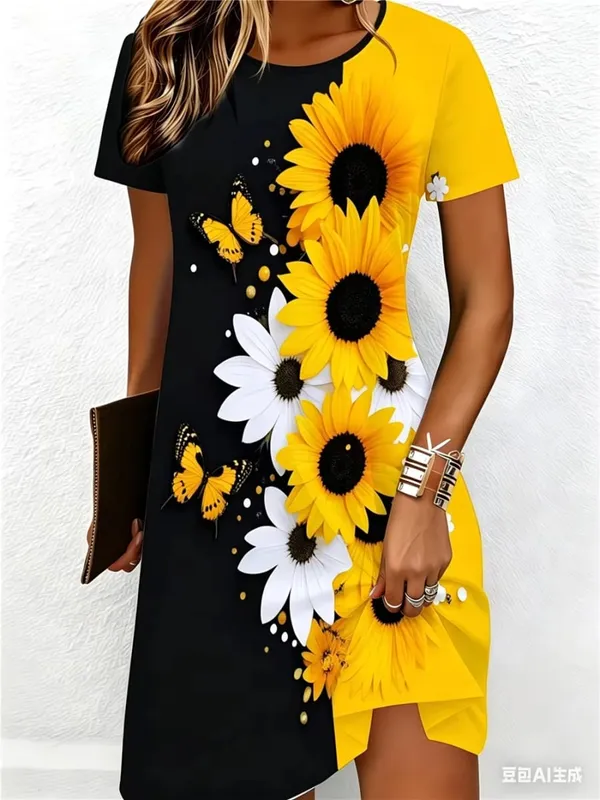 Street Hip Hop Flowers And Butterflies Women Mini Dresses Summer Short Sleeve 3D Printed Fashion Dress 3XL Big Size Casual Dress