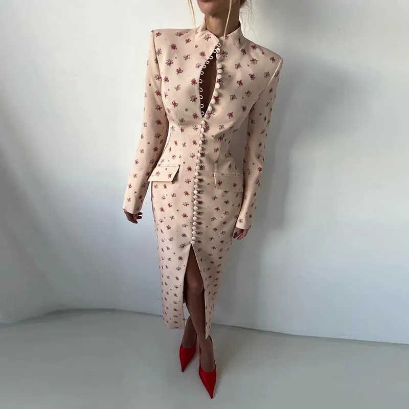 Elegant Printed Split Maxi Dresses Women's Slim With Shoulder Pad Single Breasted Full Sleeves Dress 2026 Summer New Lady Robes