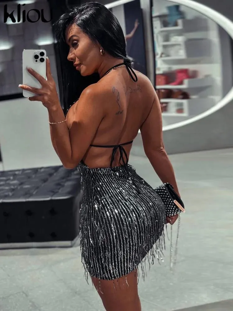 Kliou borla retalhos brilhante mini vestido feminino halter bandagem deslumbrante sem costas sem mangas magro vestido feminino festa clubwear