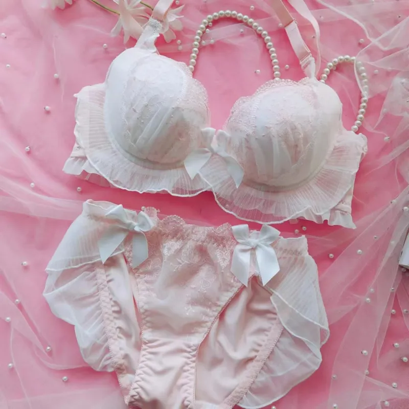 Pagbuburda manipis na seksyon ruffled underwear girls sweet and lovely lingerie breifs sets tatlong buckle gathered ladies bra set — image 3