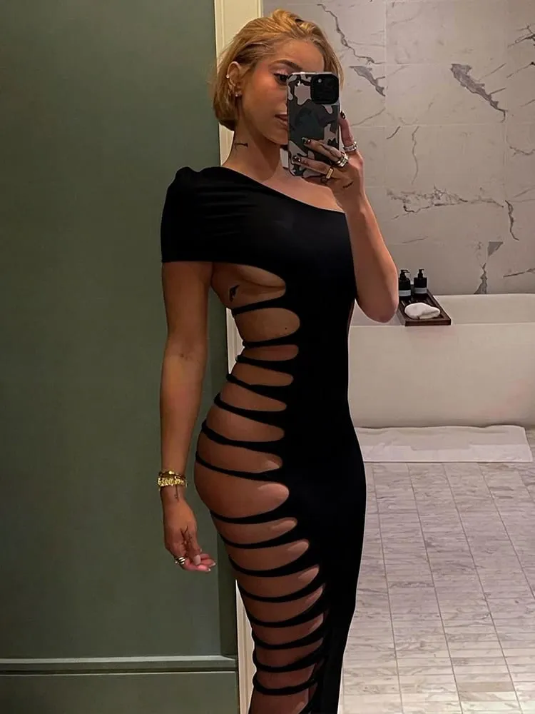 Weird Puss Sexy Skew Collar Dress Women Coquette Hollow Summer Trend Stretch Midnight Party Clubwear Irregular Hipster Vestidos — image 5