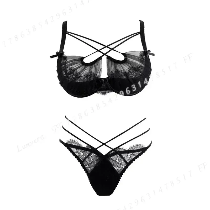 Summer Lace Embroidery Cross Tie Lingerie Set Sheer Mesh Push Up Bra Comfortable Daily Wear Underwear for Women Size 32-38