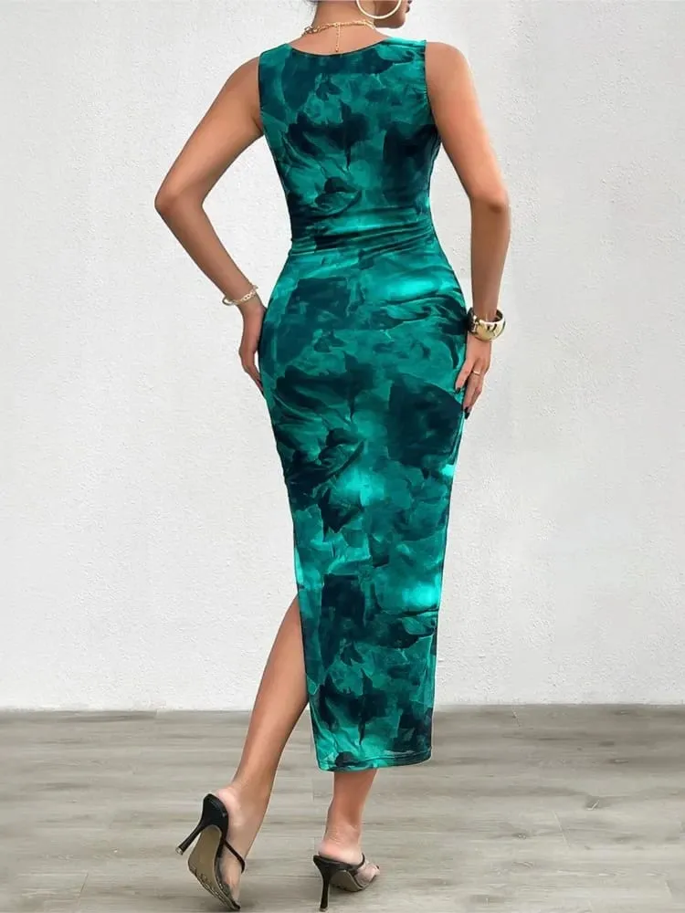 Feminino 2024 primavera verão nova moda impressa em torno do pescoço estilo emagrecimento sem mangas vestido apertado com fundo dividido — image 7