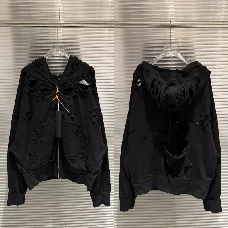 High Quality Ripped Hole Zipper Sweatshirts Hip Hop Woman Hoodies Streetwear Men Clothing