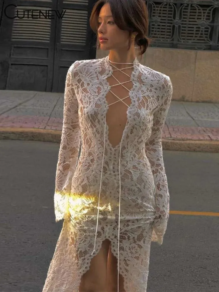Cutenew Kant Sheer Vrouwen Maxi Jurk Sexy Solid Fashion Lange Mouw O-hals Bandage Schede Vestidos Vrouwelijke Prachtige Nightout Gewaad — image 4