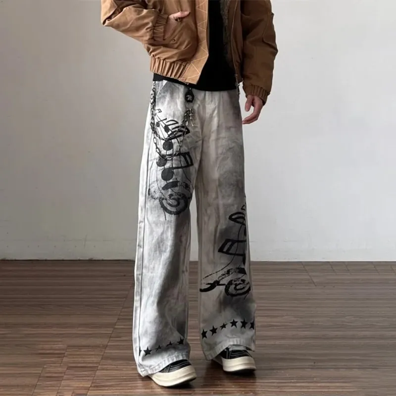 2026 New Retro Graffiti Printed White Baggy Jeans For Men High Street Straight Wide Leg Denim Pants Hip Hop Graphic Y2K Jean