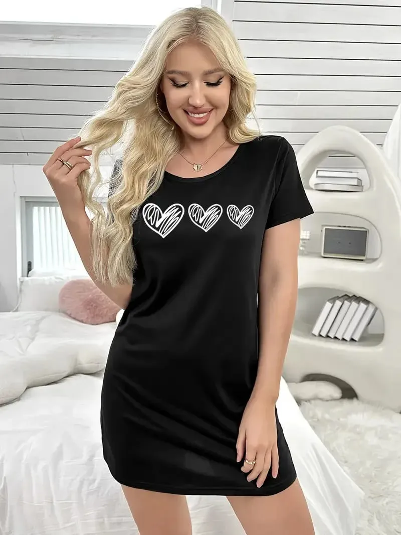 Women's Heart-Print Casual Dress Short-Sleeved Round-Neck T-Shirt Dress Comfortable Loungewear — image 2