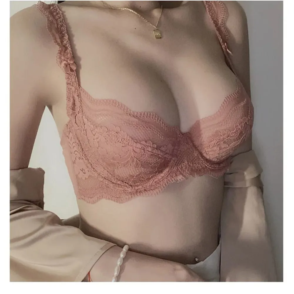 Plus Size Full Bust Minimizer Bra Set Sheer Floral Lace Thin Anti Sag Support Transparent Underwear Women Breathable Intimates — image 5