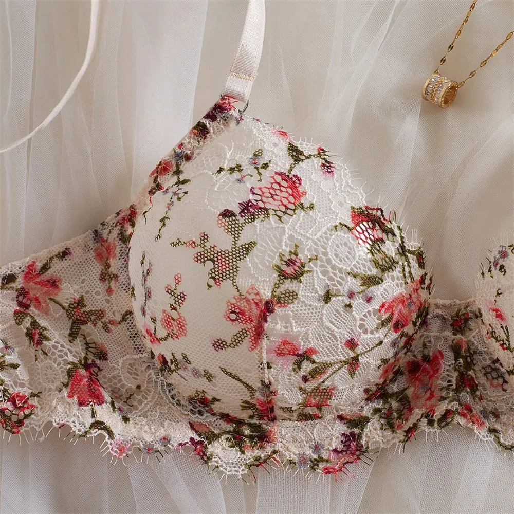 Krasapt franska blommor broderi underkläder 2 st set Fancy spets patchwork genomskinlig behåar och trosor Kostymer Sexiga erotiska outfits — image 5