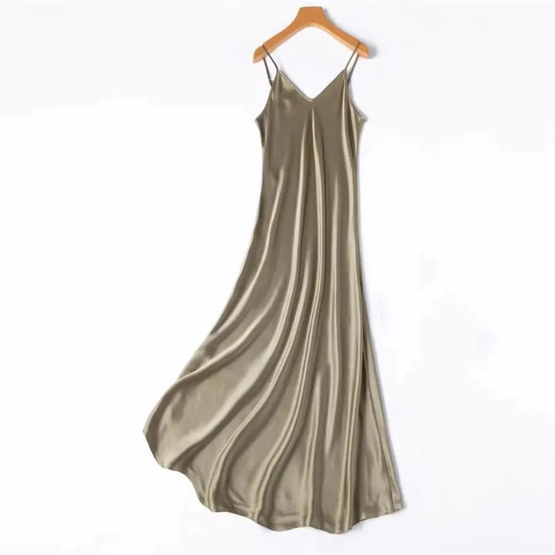 2026 Pambabaeng Fashion Bagong 21MM 100% Natural Mulberry Silk Plain Satin Extended French Sexy Adjustable Shoulder Strap Solid Dress — image 12