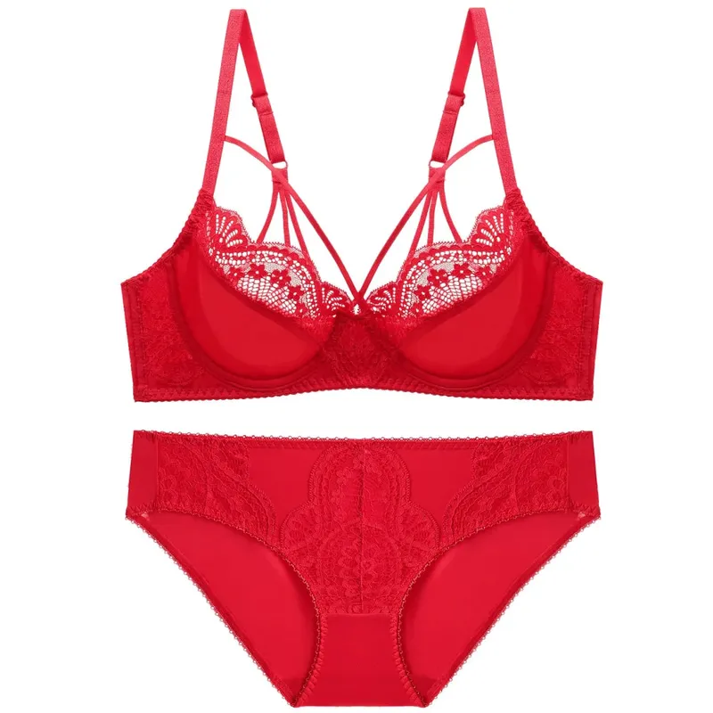 high quality sexy lace women bras and brief two piece set push up A B C D E cup wire summer lingerie underwear blue red black — image 8
