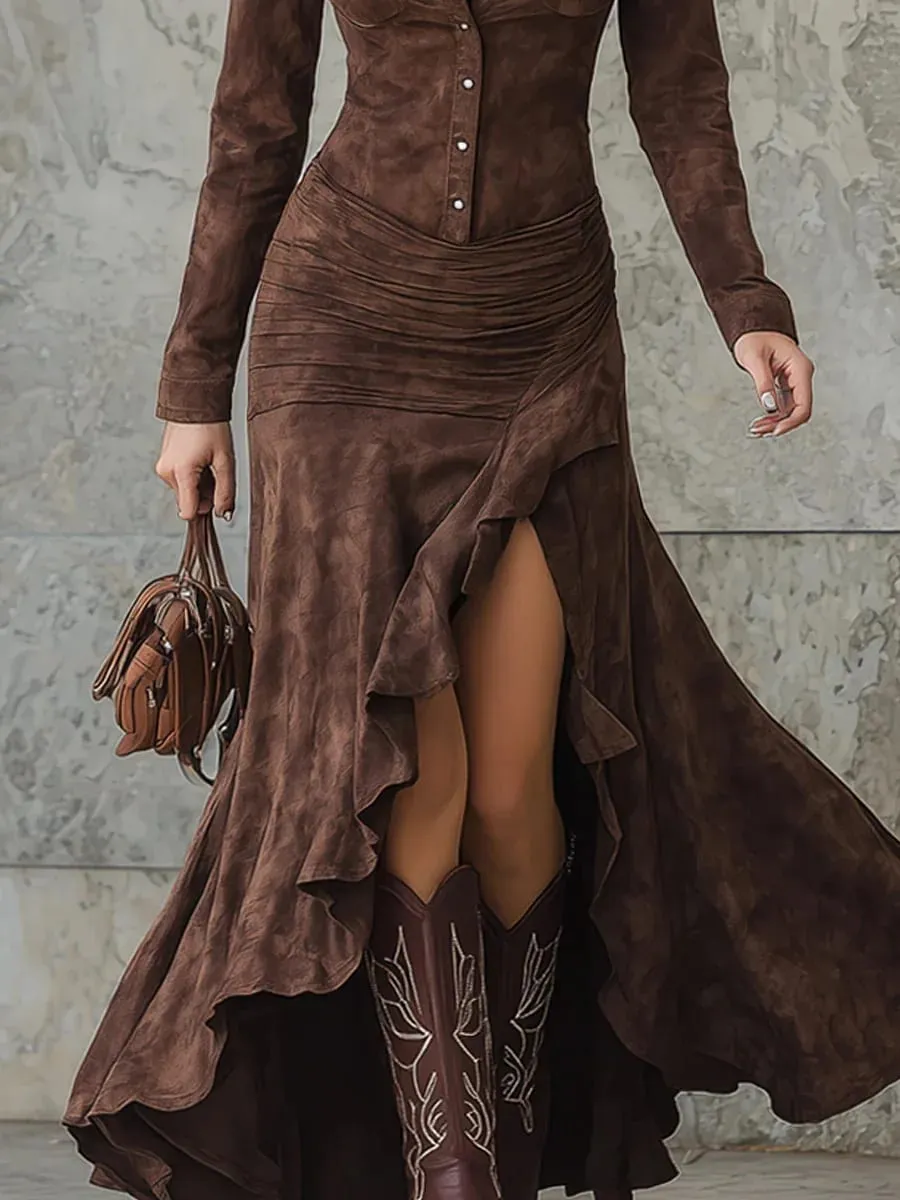 Elegante retro vestido de cor sólida para as mulheres primavera outono moda nova lapela botão manga longa assimétrico bainha grande vestido longo — image 6