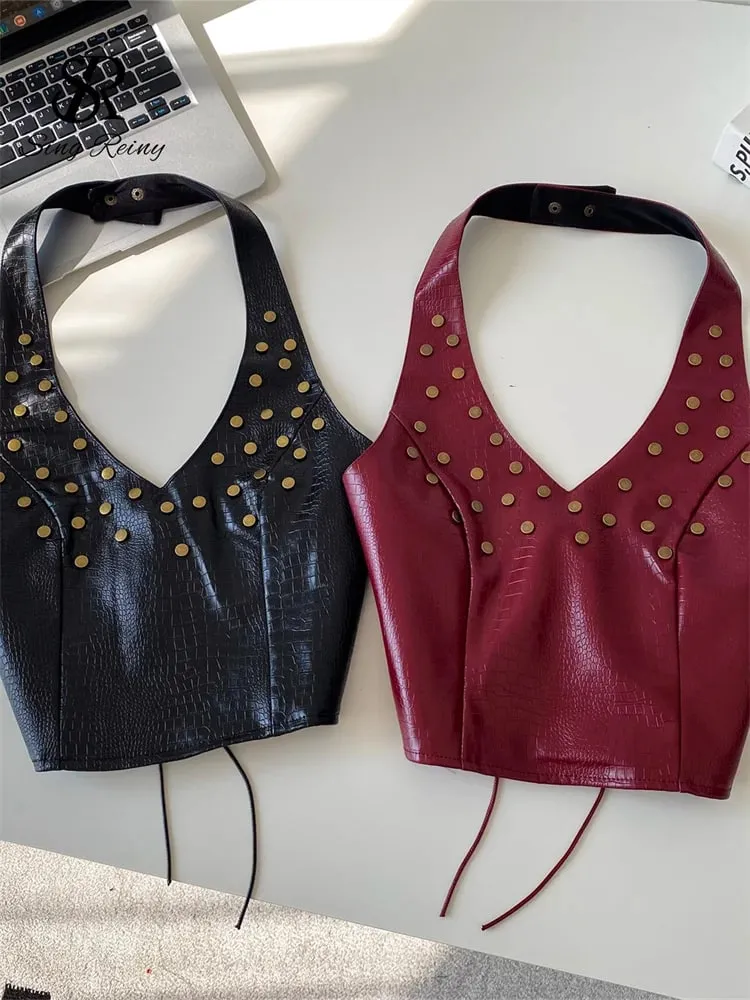 Halter Rivet Hotsweet Tops Women Lace Up Slim Texture Summer Clubwear Tank Top PU Leather Backless Sensual Retro Camis — image 1