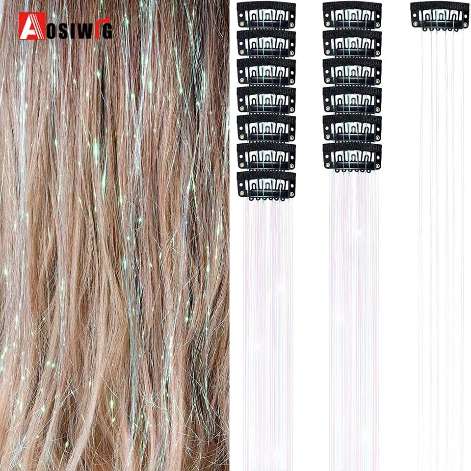 12Pcs/Pack Sparkle Blonde Hair Extensions Clip In Rainbow Shiny Sparkle Hair Tinsel Heat Resistant Sparkle Hair Extensions For W — image 10