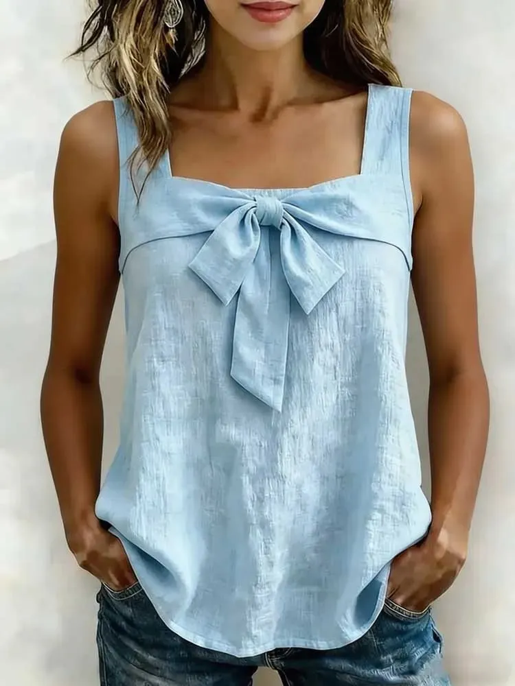 Women Square Neck Sleeveless Tank Tops Front Bow Decor Solid Color Casual Summer Ladies Camisole