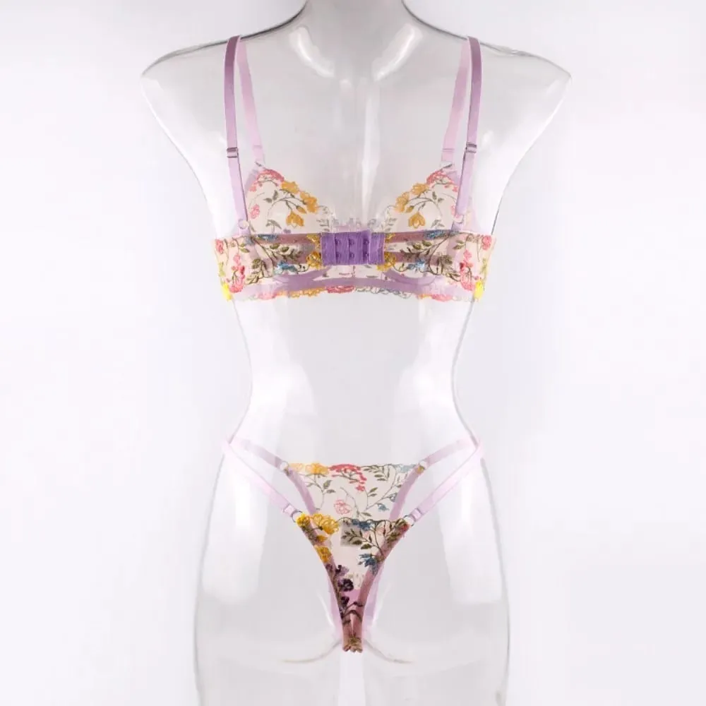 2-Piece Floral Lingerie Set Embroidery Versatile Underwear Intimates Underwire Push-up Sheer Bra Panty Set For Lady Girl — image 2