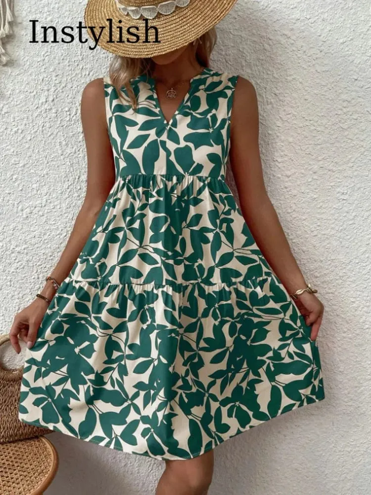 Mulheres boho impressão mini vestido de verão elegante sem mangas com decote em v plissado a linha vestido tanque casual solto oversize praia festa vestido de verão — image 2
