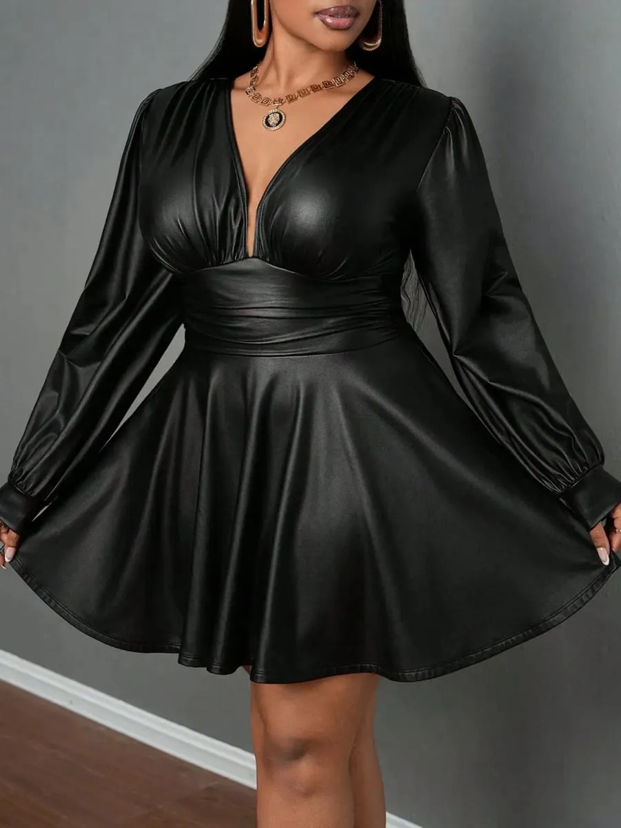 Plus Size Leather Skirt para sa Babae Deep V Neck Lantern Sleeve Waist Cinched A-Line Party Outfit Pang-sexy Girl's Ensemble — image 5